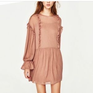 Zara pink with gold ruffle long sleeve dress